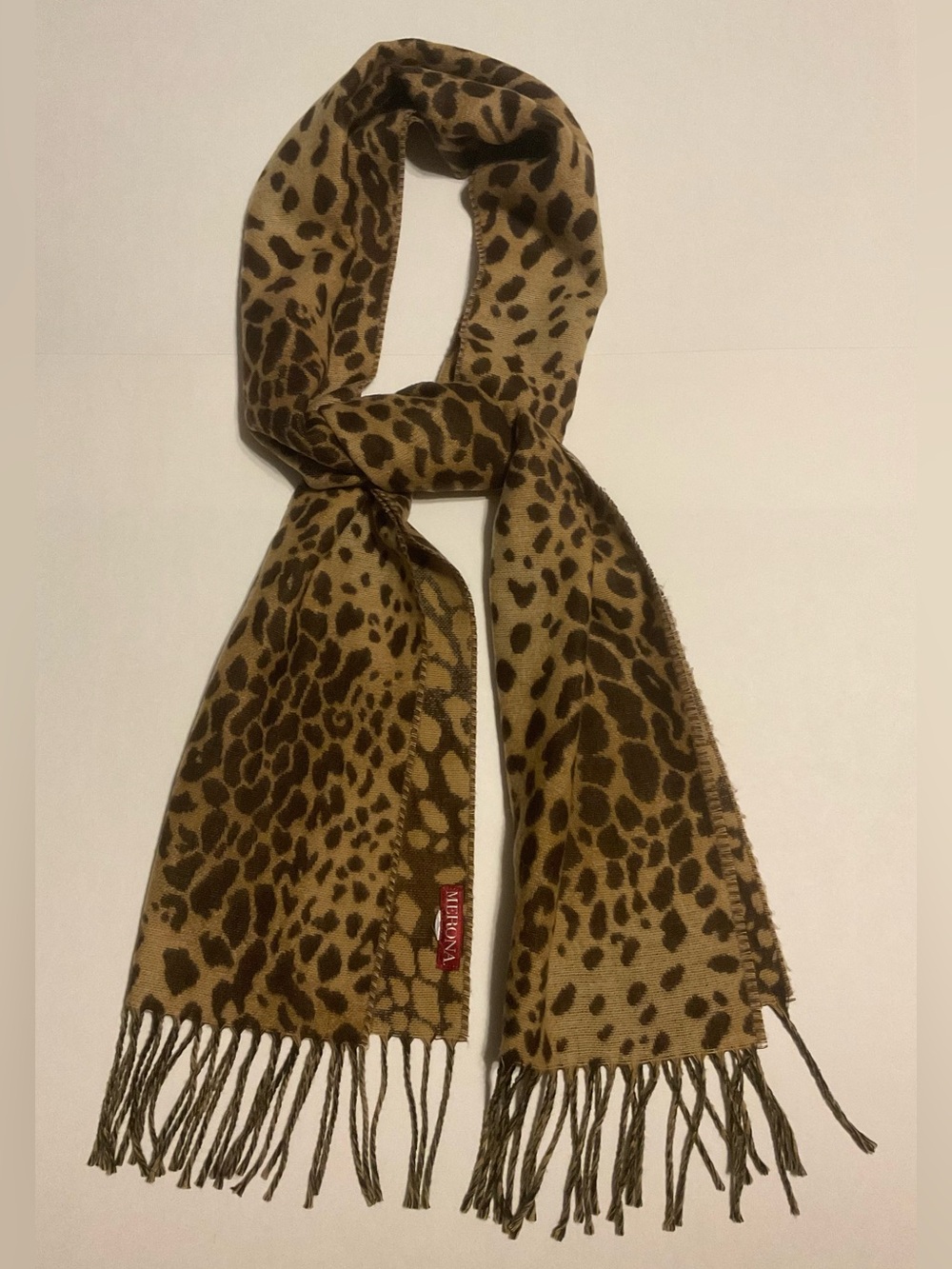 Merona Women Brown Tan Animal Print Rectangle Scarf Fringe 64x12